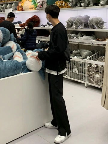 Men's Autumn Spring Loose Straight Leg Pants Cold Tone Wide Leg Casual Long Trousers Faionable Split West Pants